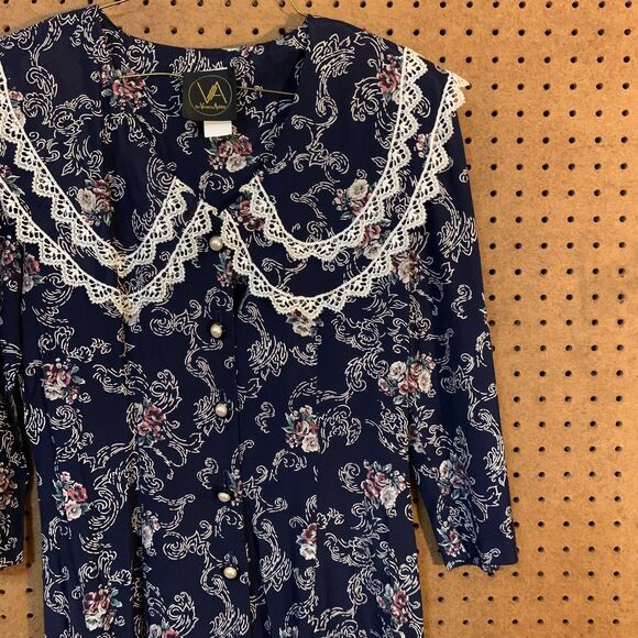 Vintage Dress 80s Victoria Ashley Lace Collar Button Front Floral Drop Waist - Picture 3 of 11